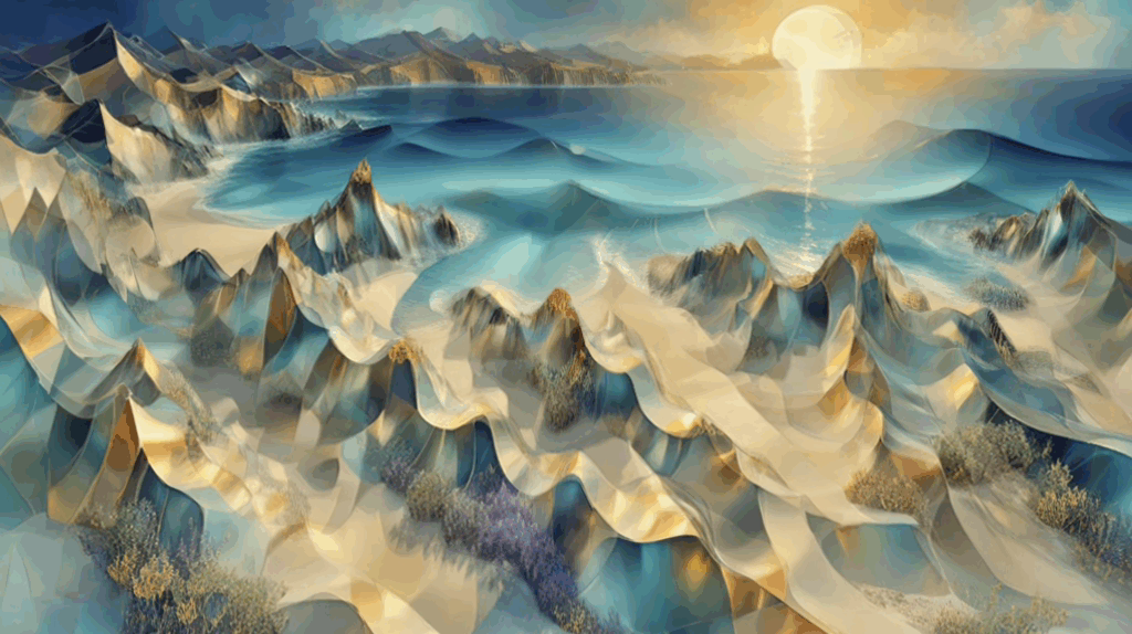 A golden geometric coastline forming healing trippy kaleidoscope visuals 4K under an eclipse sky.